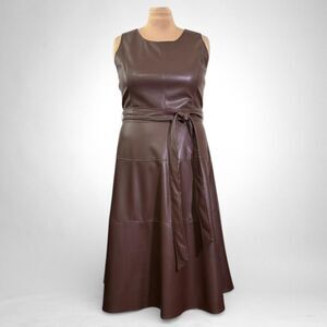 CHARTOU Faux Leather Sleeveless Belted Brown Midi Dress, NWT!